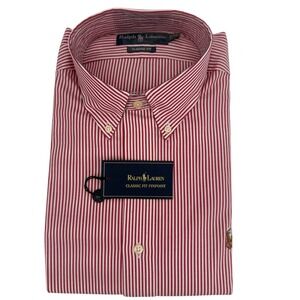NWT Ralph Lauren Button Down Shirt Men 16 32/33 Red Striped Classic Fit Pinpoint